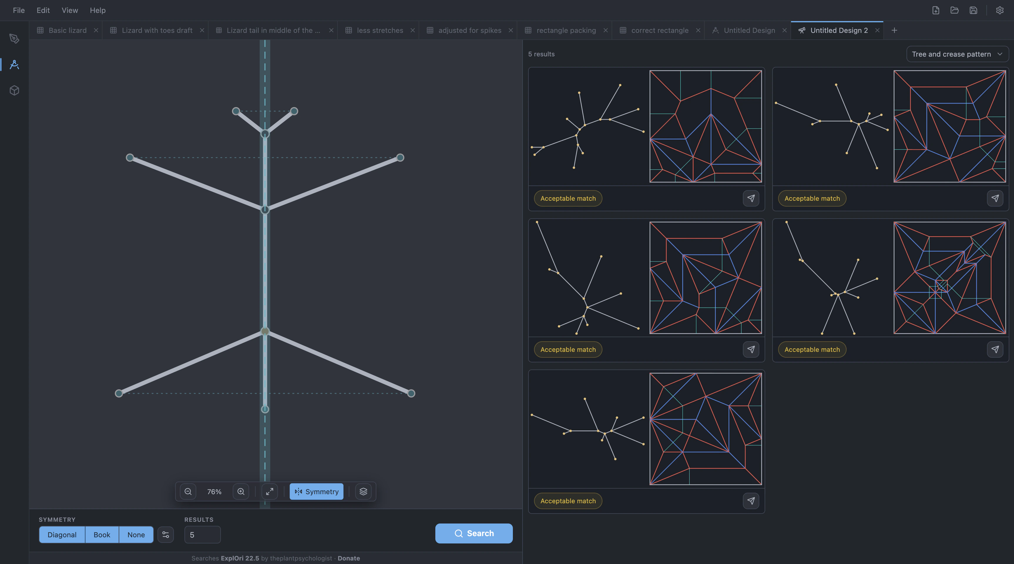 A grid of 22.5° crease patterns returned from an ExplOri search.
