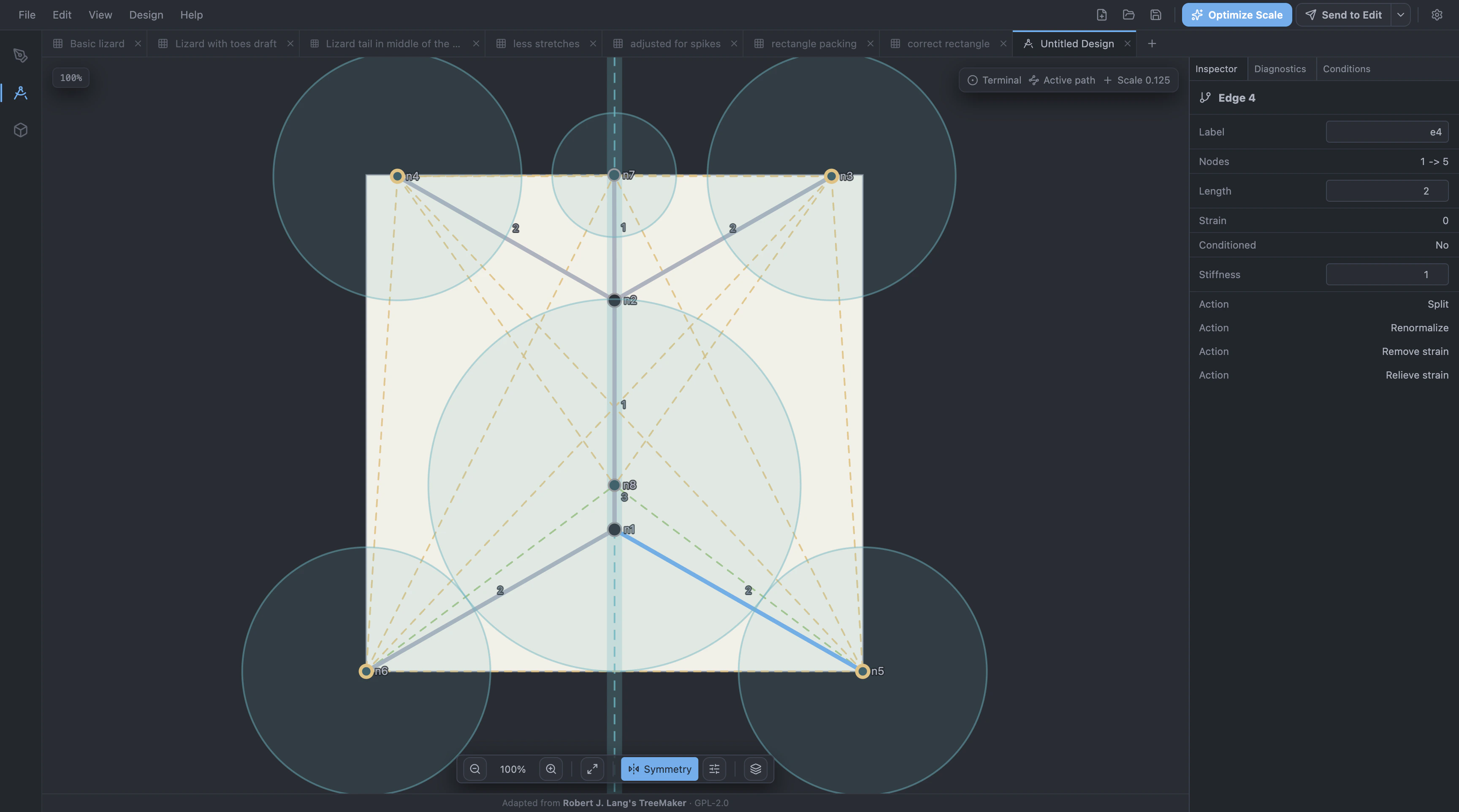 A tree structure beside the circle packing the optimizer found for it.