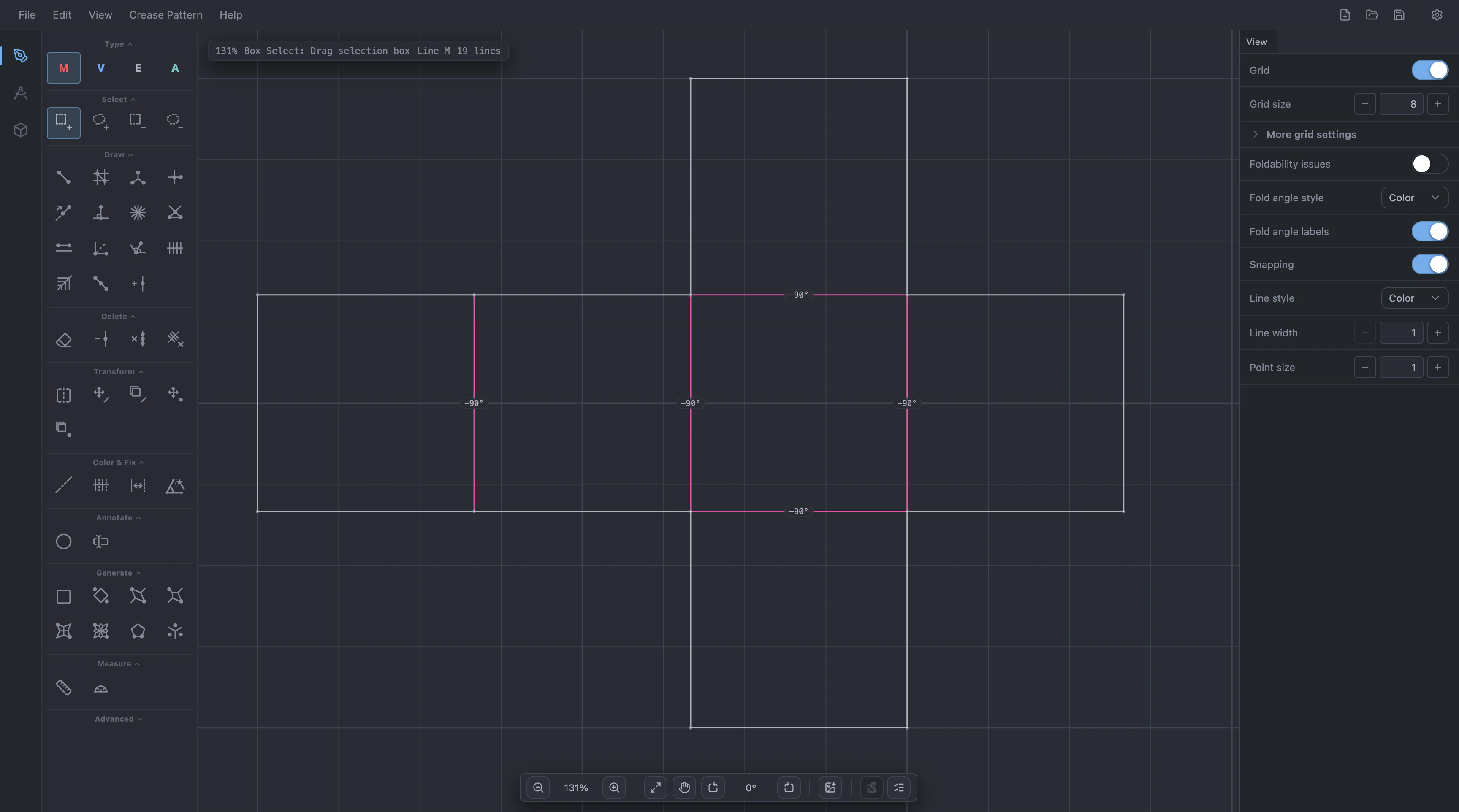 A crease pattern with fold-angle labels on its creases.