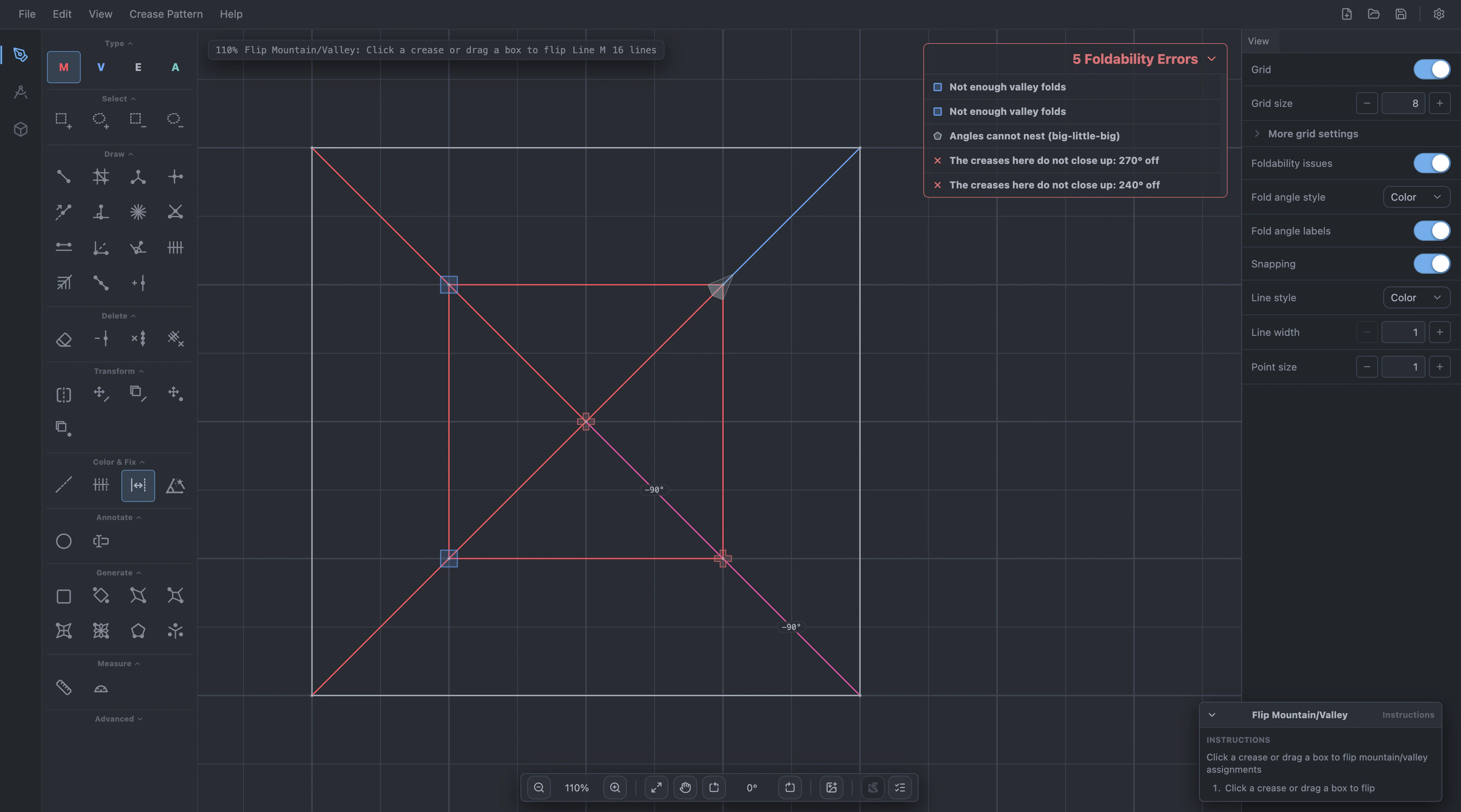 Foldability diagnostics marking problem vertices on a crease pattern.