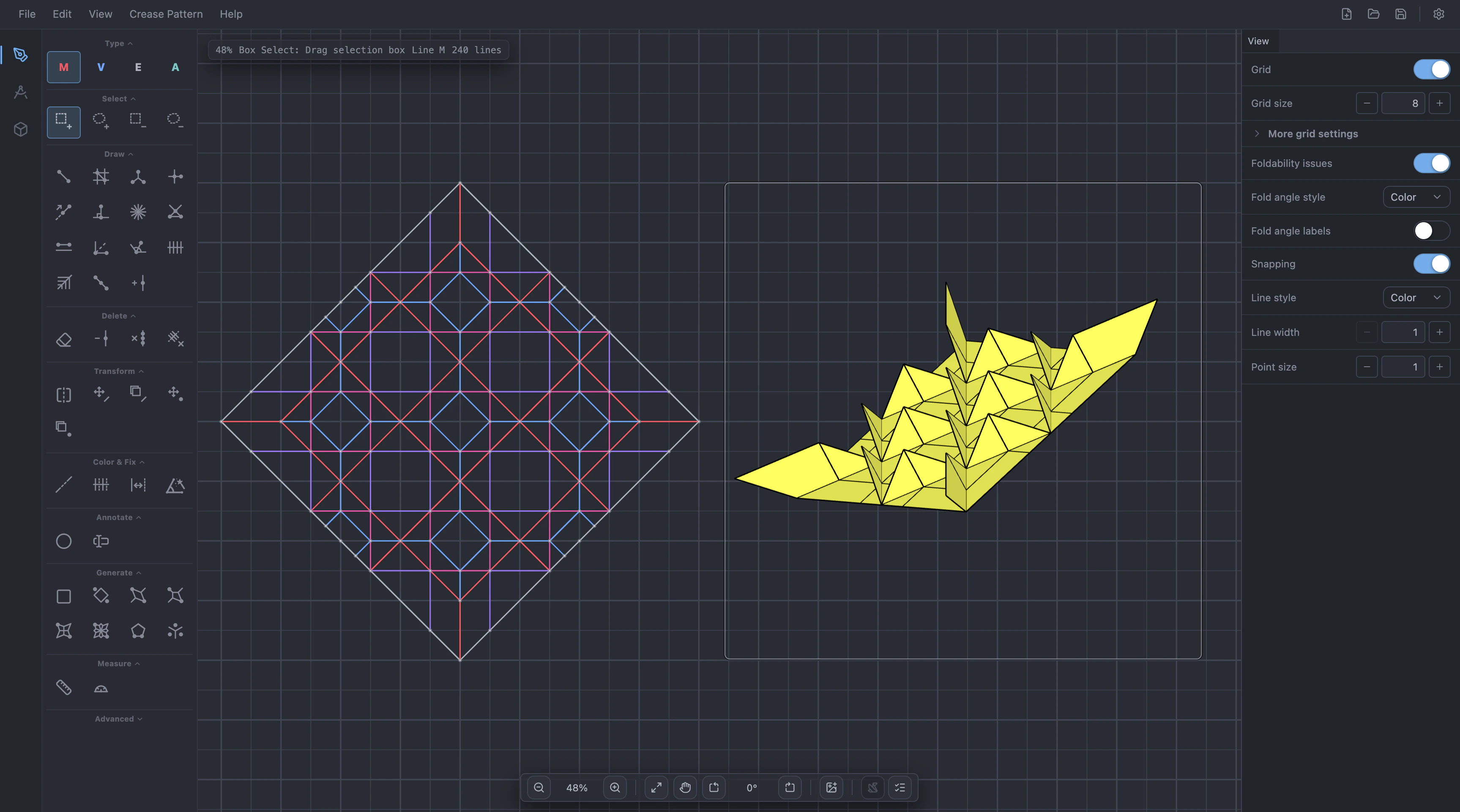 The Ori Studio workspace: a crease pattern on the canvas with the tool rail and inspector panels around it.
