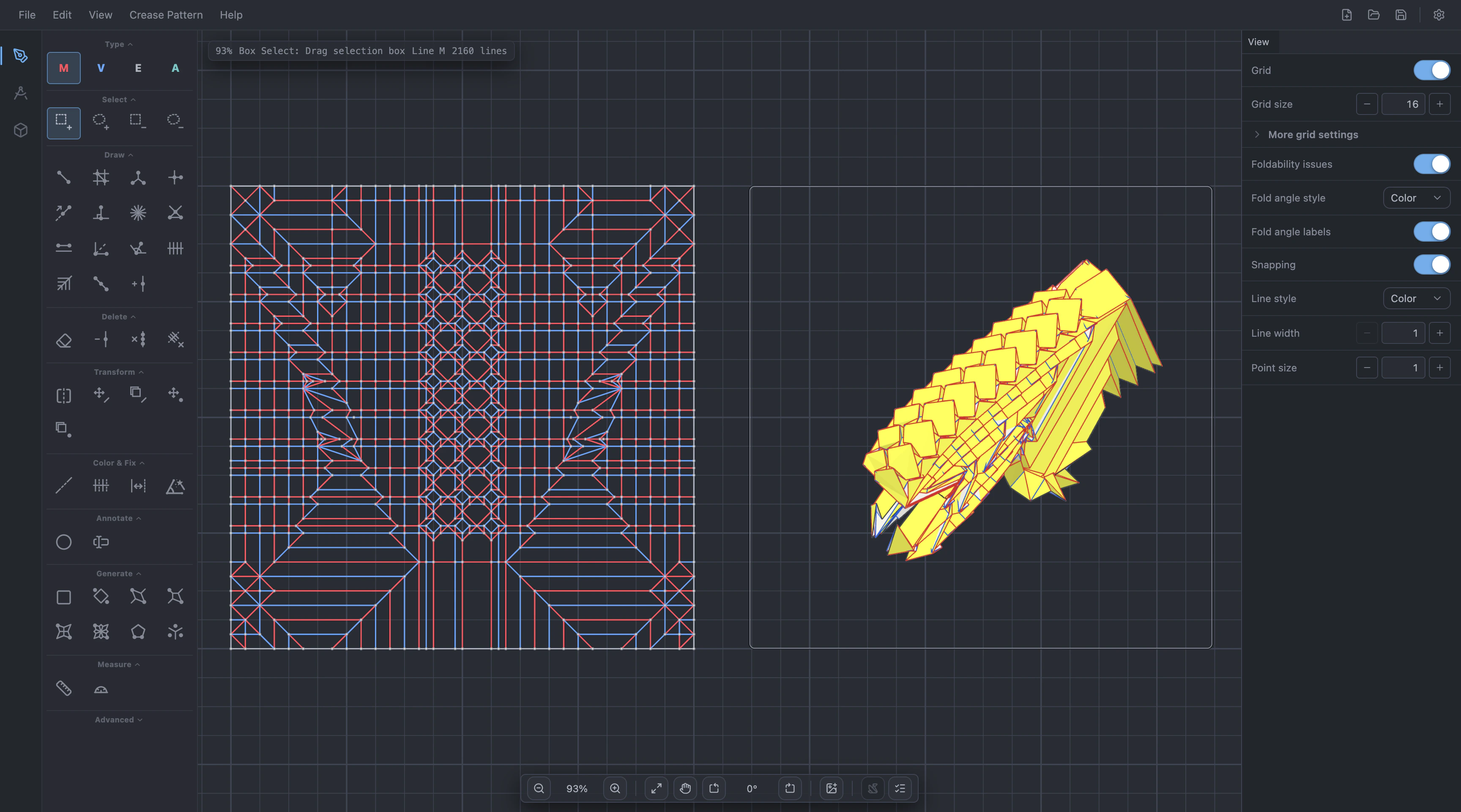 A folded 3D model simulating inline beside its crease pattern.